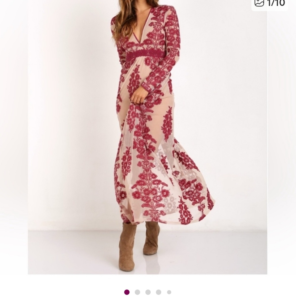 Altar’d State Burgundy & Nude Embroidered Maxi Dress ✨